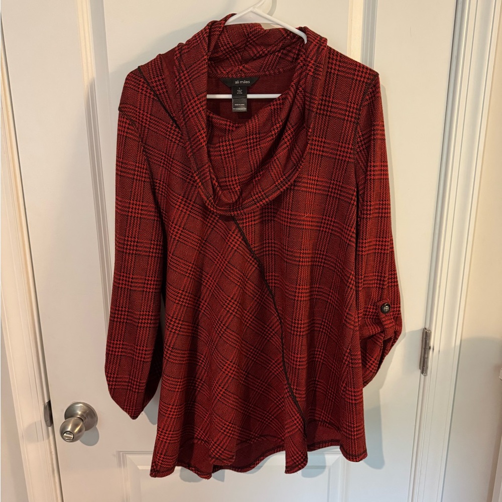 Ali Miles Red and Black Checkered Cowl Neck Top